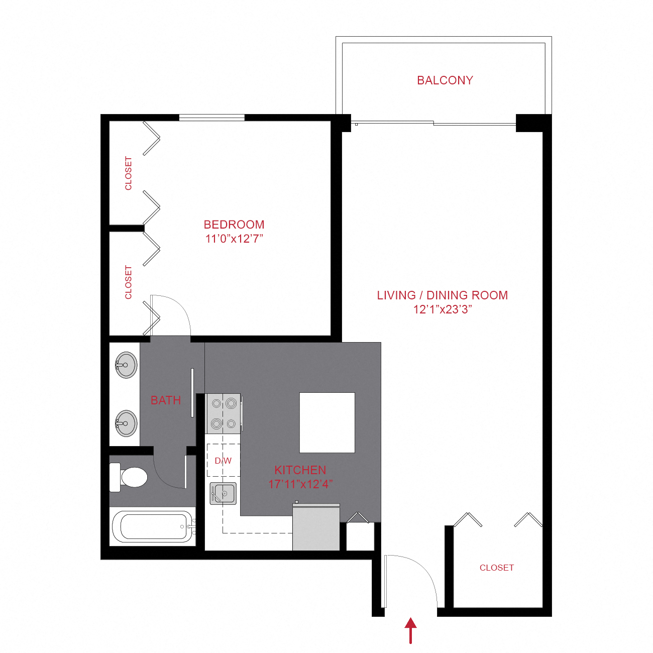 Floor plan for 1 bed, 1 bath, 715 sqft
